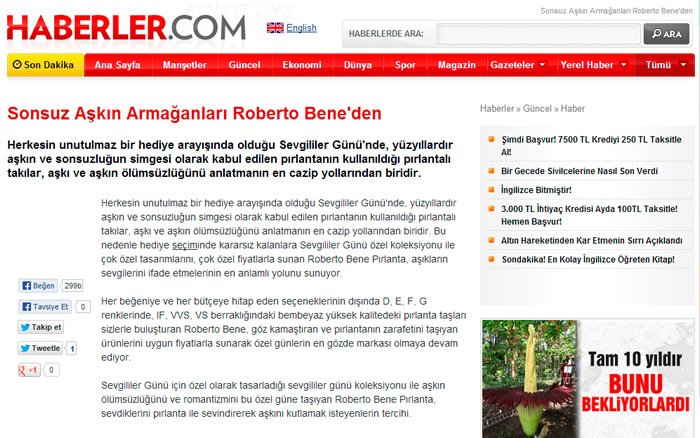 Haberler.com sitesinde Roberto Bene haberi
