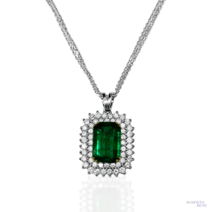 Çift Sıra Pırlantalı Emerald Taşlı Şal Zincir Kolye