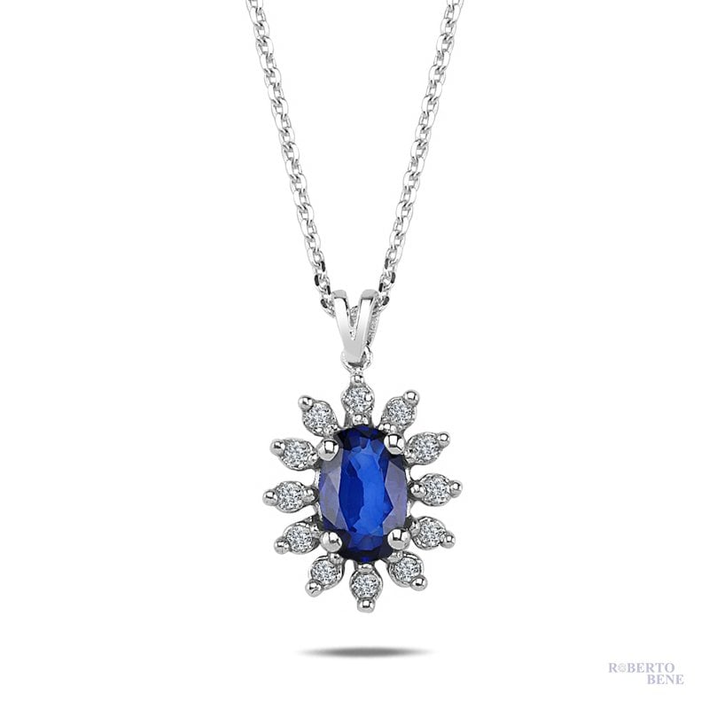 Oval Safir Taşlı Anturaj Pırlanta Kolye