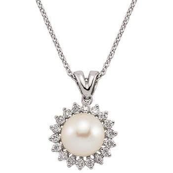 0.35 Karat Pırlanta İnci Set Çicek Modeli Kolye