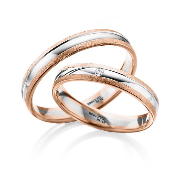 Kumlu Rose ve Parlak Beyaz 14K Altın Alyans Pırlanta Taşlı