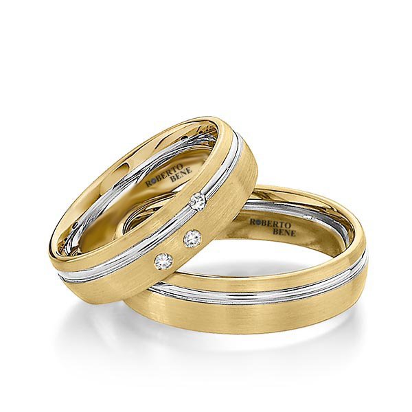 3 Taşlı Mat Sarı ve Parlak Beyaz İkili Altın Alyans Zirkon Taşlı