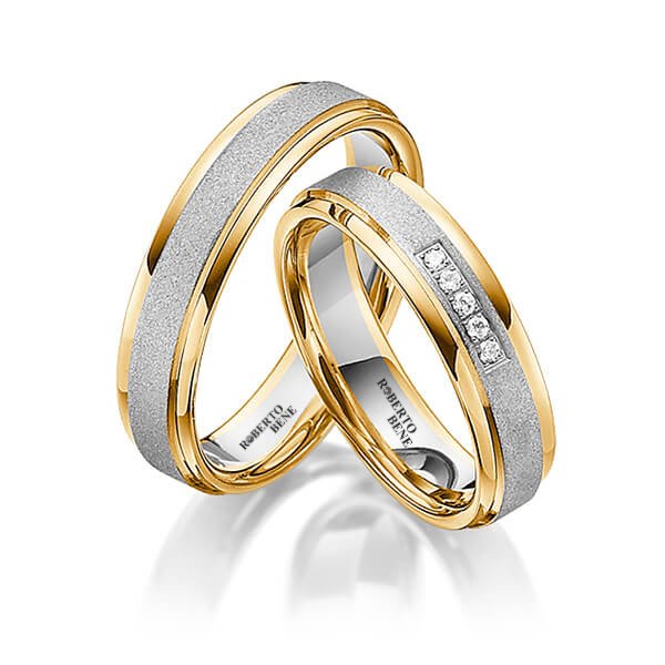 Taşlı Kumlu Beyaz ve Parlak Sarı Altın Alyans Pırlanta Taşlı