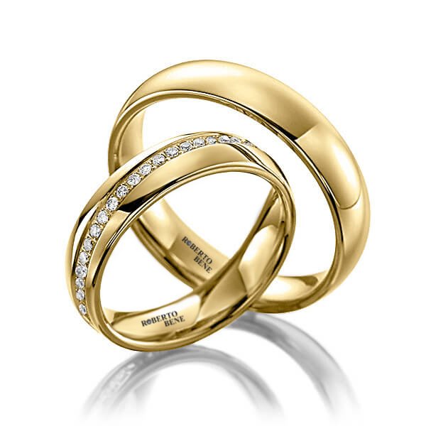 Klasik Bombeli Taşlı Model Sarı Altın Alyans Pırlanta Taşlı