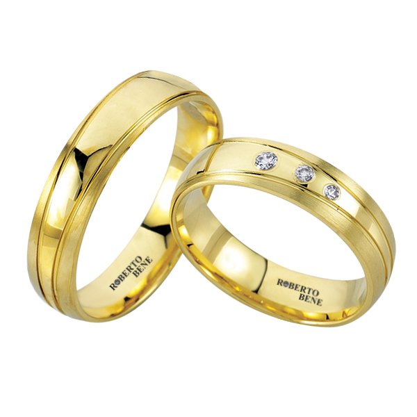 Üç Taşlı Mat ve Parlak Yeşil Altın İkili Alyans Pırlanta Taşlı